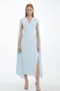 Karen Millen Viscose Satin Back Crepe Tailored V Neck Maxi Cape Dress blue New