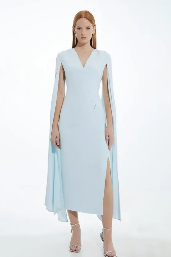 Karen Millen Viscose Satin Back Crepe Tailored V Neck Maxi Cape Dress blue New