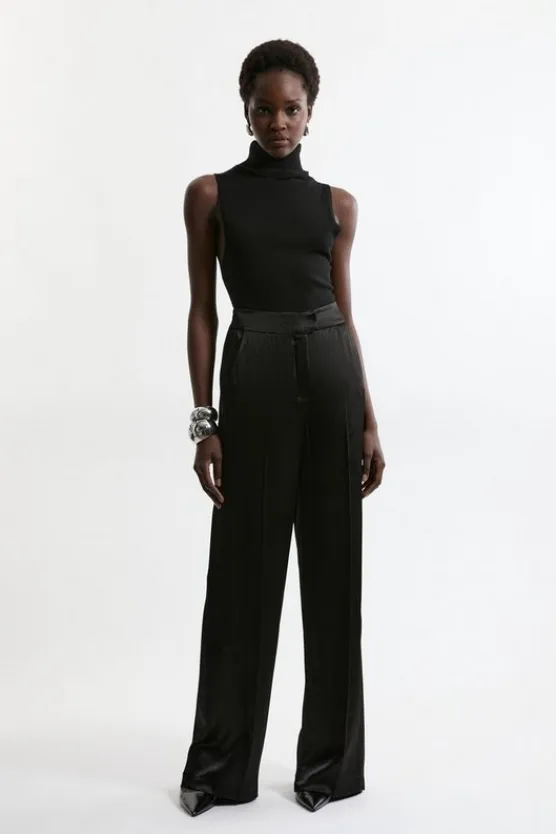 Karen Millen Viscose Satin Back Crepe Wide Leg Pants black Hot