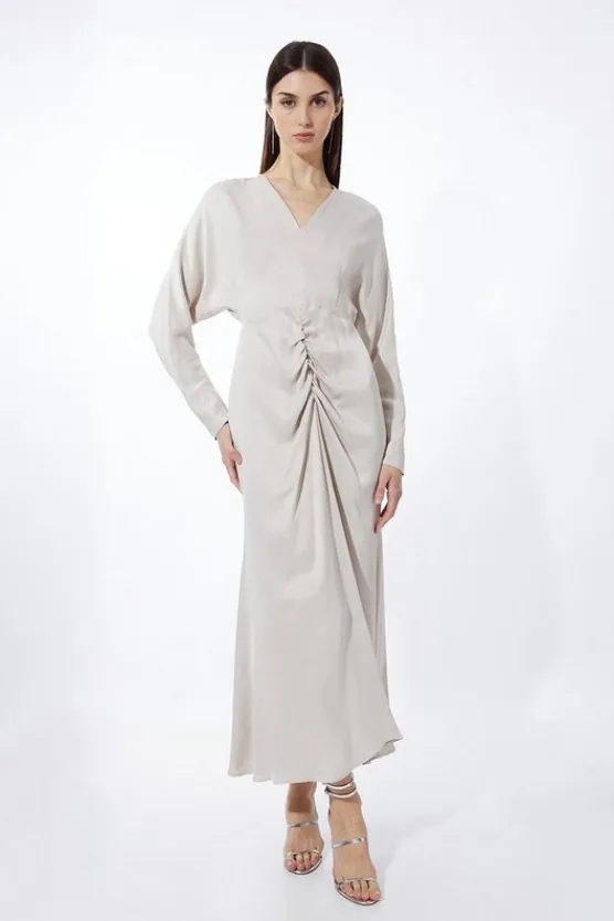 Karen Millen Viscose Satin Batwing Long Sleeve Midi Dress silver New