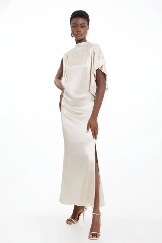 Karen Millen Viscose Satin Pintuck Draped Detail Woven Maxi Dress oyster Online