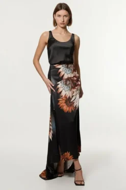 Karen Millen Viscose Satin Printed Panelled Train Maxi Skirt floral Outlet