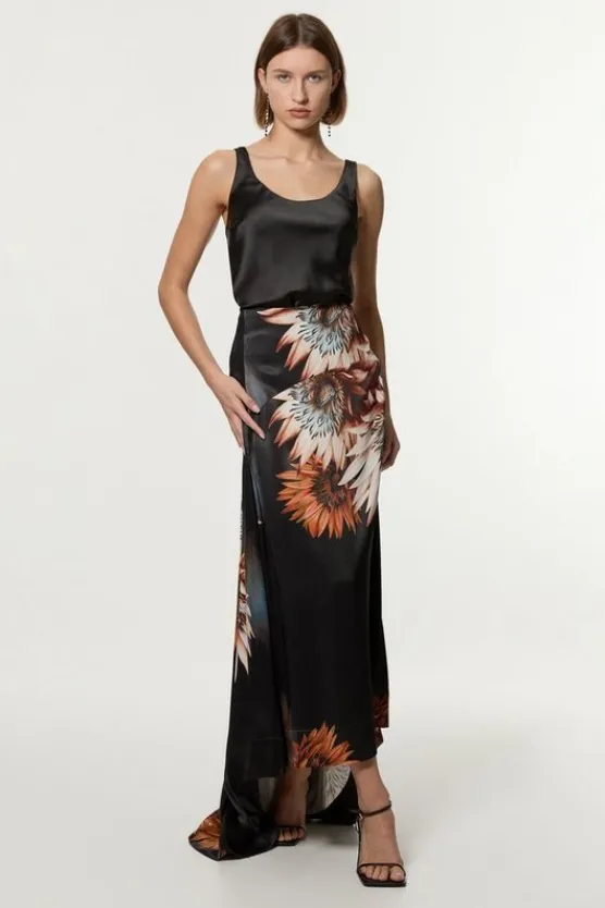Karen Millen Viscose Satin Printed Panelled Train Maxi Skirt floral Outlet
