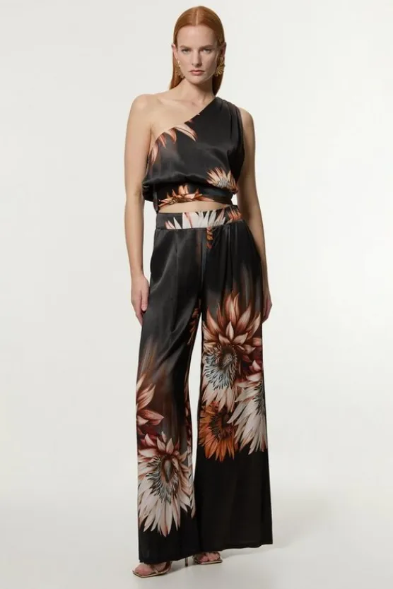 Karen Millen Viscose Satin Printed Wide Leg Woven Pants floral Sale