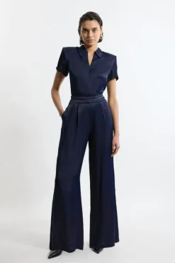 Karen Millen Viscose Satin Wide Leg Pants navy Discount