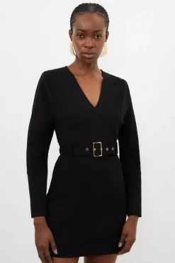 Karen Millen V Neck Belted Ponte Jersey Mini Dress black Clearance