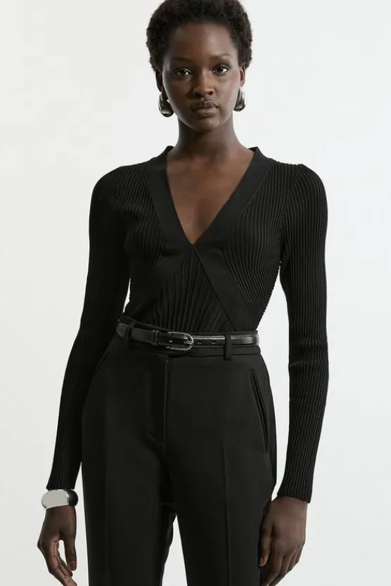 Karen Millen V Neck Elevated Rib Knit Top black Online