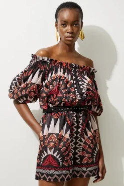 Karen Millen Voile Mirrored Batik Off The Shoulder Woven Romper black Hot