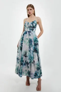 Karen Millen Watercolor Cotton Voile Strappy Woven Maxi Dress blue Best