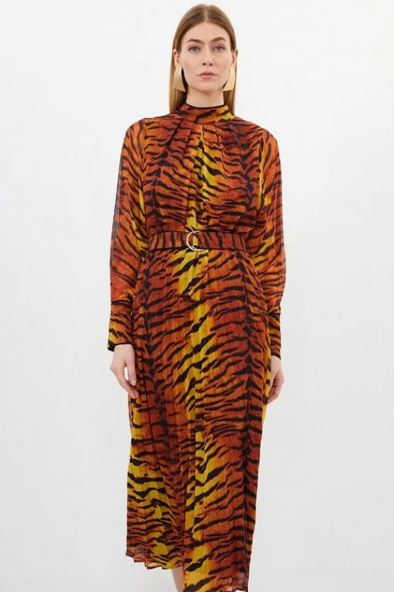 Karen Millen Wild Tiger Printed Georgette Woven Midi Dress orange Best