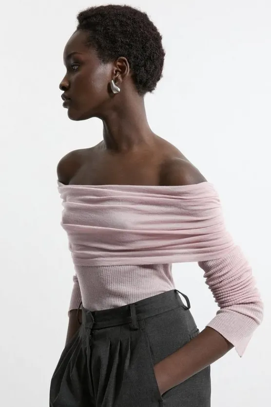 Karen Millen Wool Blend Ballet Off The Shoulder Knit Top mauve Hot