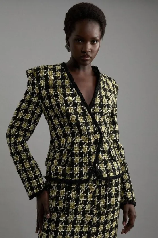 Karen Millen Wool Blend Check Tailored Asymmetric Jacket multi New