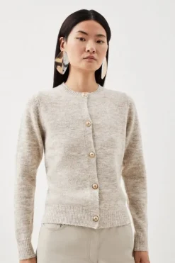 Karen Millen Wool Blend Cosy Crew Neck Knit Cardi ivory New