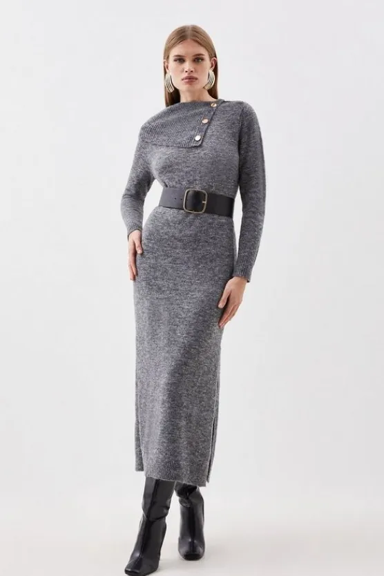 Karen Millen Wool Blend Cosy Envelope Belted Knit Maxi Dress charcoal Clearance