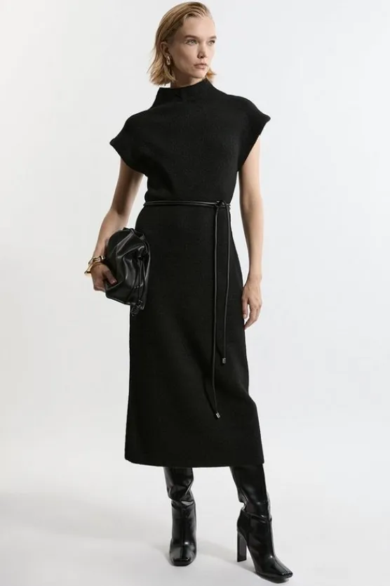 Karen Millen Wool Blend Cosy Knit Belted Midaxi Dress black New