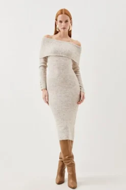 Karen Millen Wool Blend Cosy Off The Shoulder Knit Midi Dress ivory Discount