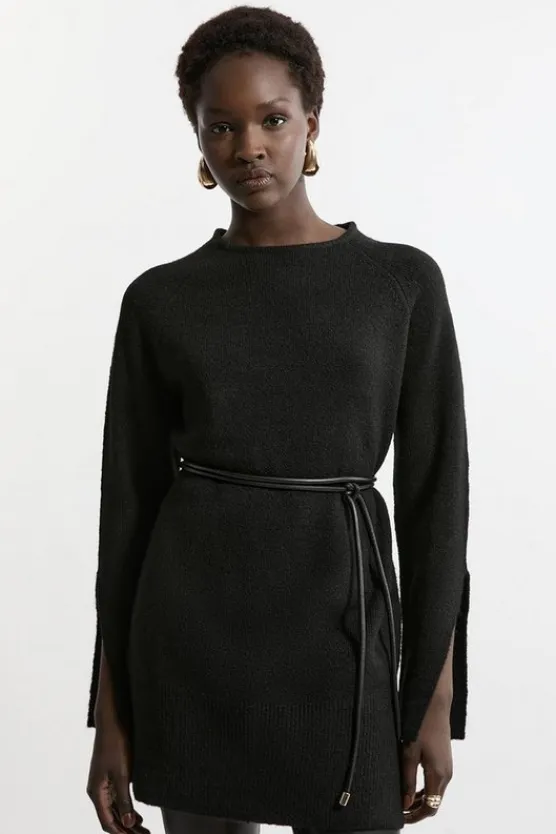 Karen Millen Wool Blend Cosy Tunic With Pu Belt Trim black Outlet