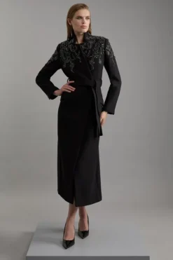 Karen Millen Wool Blend Crystal Embellished Notch Neck Belted Maxi Coat black Online