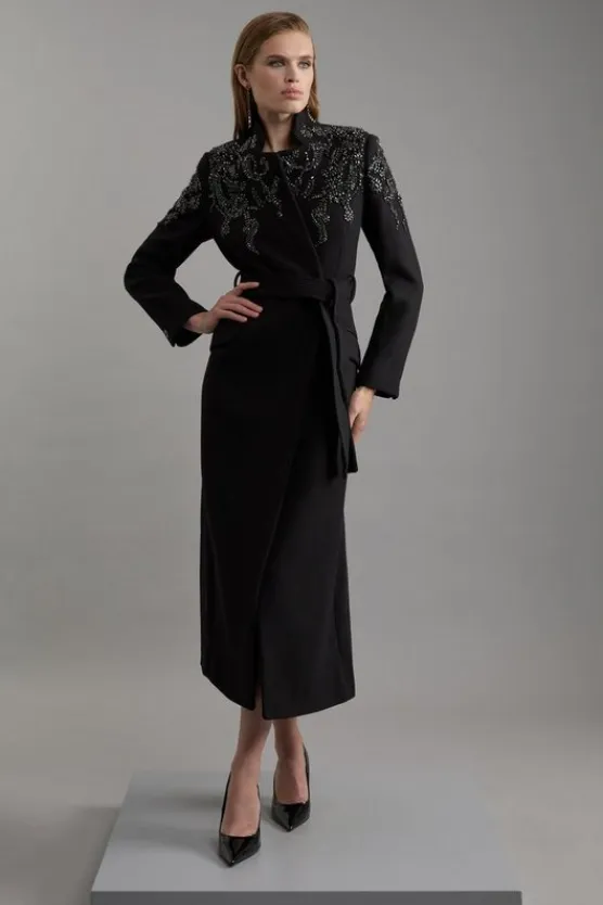 Karen Millen Wool Blend Crystal Embellished Notch Neck Belted Maxi Coat black Online