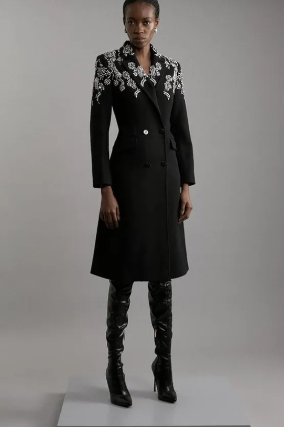 Karen Millen Wool Blend Crystal Embellished Notch Neck Belted Midi Coat navy Discount