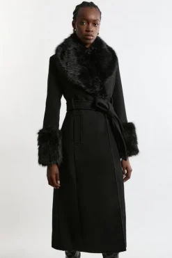 Karen Millen Wool Blend Detachable Faux Fur Belted Midi Coat black Discount