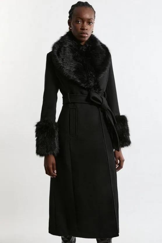 Karen Millen Wool Blend Detachable Faux Fur Belted Midi Coat black Discount