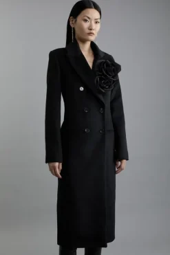 Karen Millen Wool Blend Detachable Rosette Detailed Double Breasted Tailored Maxi Coat black Online