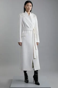 Karen Millen Wool Blend Embellished Belted Tailored Longline Coat ivory Outlet