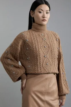 Karen Millen Wool Blend Embellished Cable Knit Sweater camel New