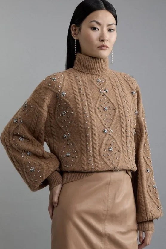 Karen Millen Wool Blend Embellished Cable Knit Sweater camel New