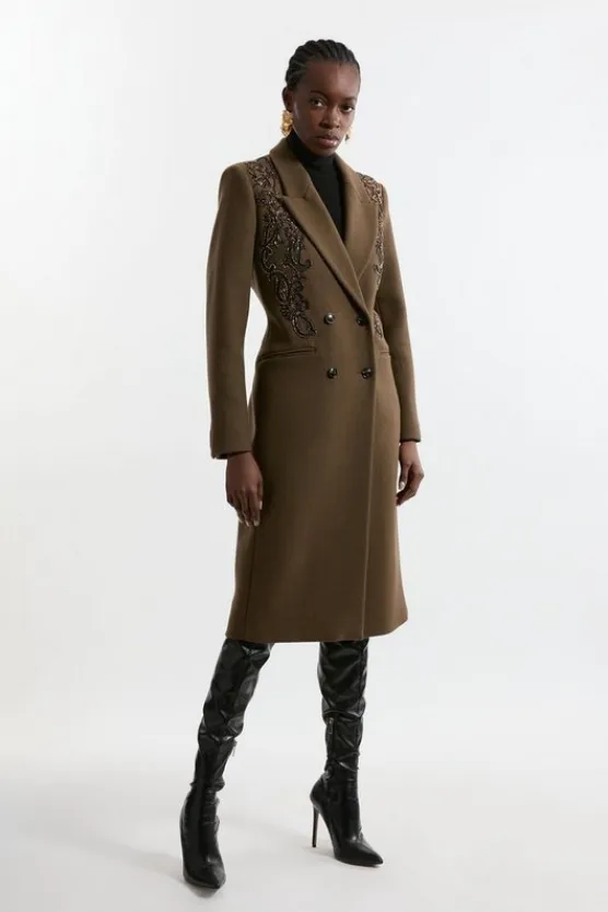 Karen Millen Wool Blend Embroidered Embellished Placed Floral Double Breasted Tailored Midi Coat khaki Outlet