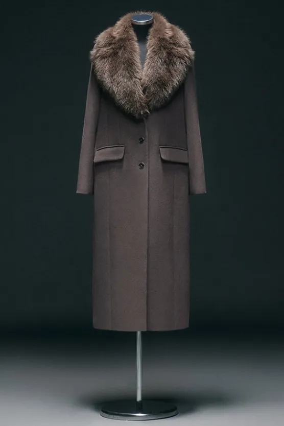 Karen Millen Wool Blend Fur Trim Collar Tailored Midi Coat mushroom Best