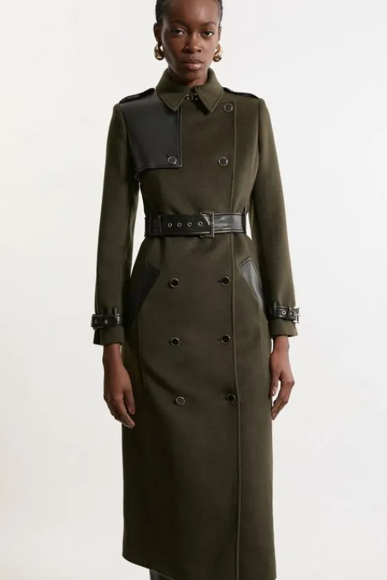 Karen Millen Wool Blend Pu Trim Belted Tailored Midi Coat khaki Fashion