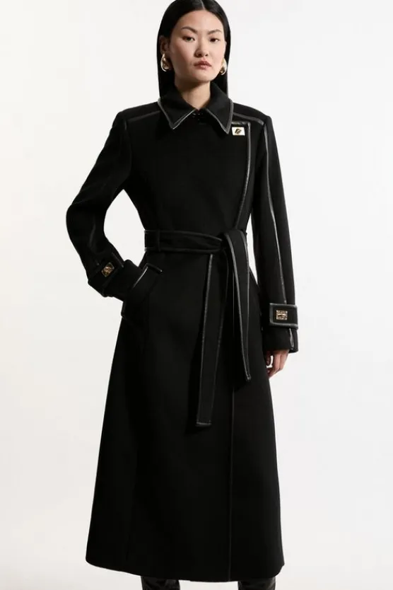 Karen Millen Wool Blend Pu Trim Belted Tailored Double Breasted Midi Coat black Best