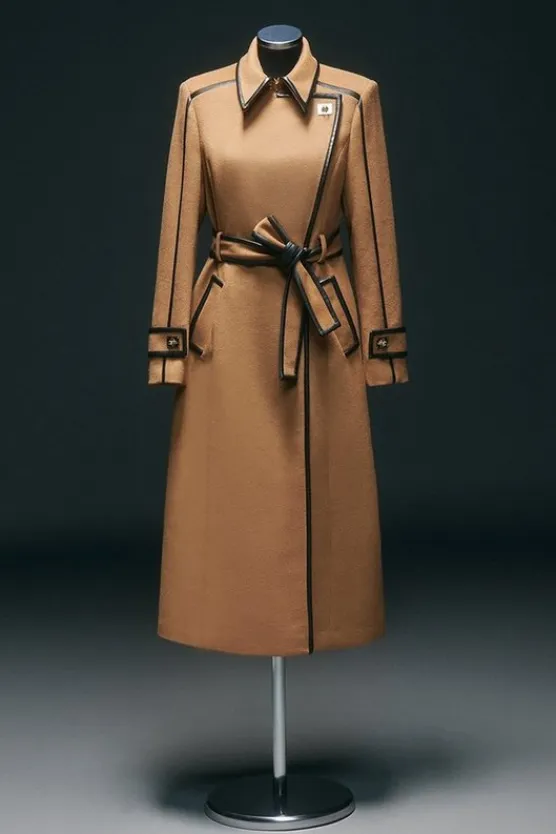 Karen Millen Wool Blend Pu Trim Belted Tailored Double Breasted Midi Coat camel Outlet