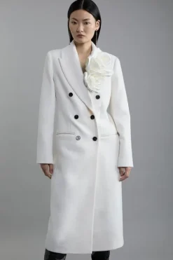 Karen Millen Wool Blend Rosette Detailed Double Breasted Tailored Maxi Coat ivory Sale