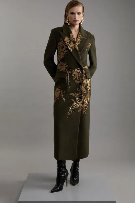 Karen Millen Wool Blend Sequin Embellished Placed Double Breasted Tailored Midiaxi Coat khaki Discount