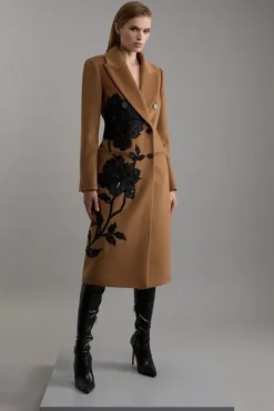 Karen Millen Wool Blend Taffeta Applique Embellished Double Breasted Tailored Midi Coat camel Discount
