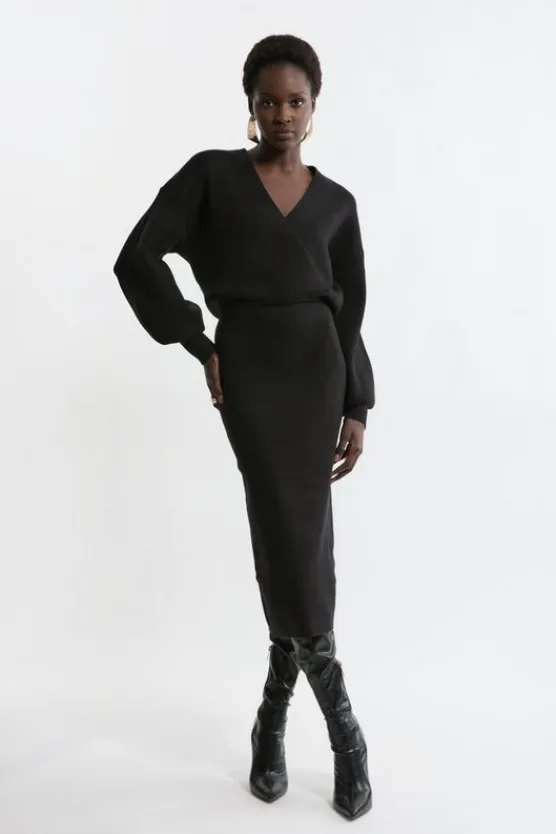 Karen Millen Wool Look Blouson Sleeve Midaxi Knit Pencil Dress black Online