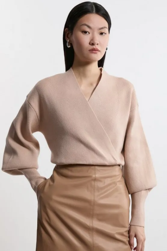 Karen Millen Wool Look Compact Stitch Wrap Knit Top tan Clearance