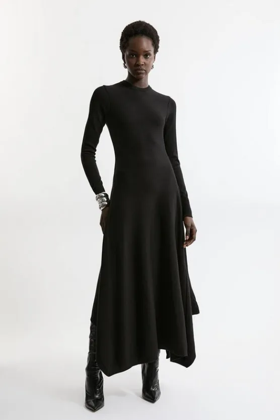 Karen Millen Wool Look Hanky Hem Maxi Knit Dress black New