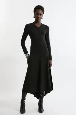 Karen Millen Wool Look High Low V Neck Maxi Knit Dress black Sale