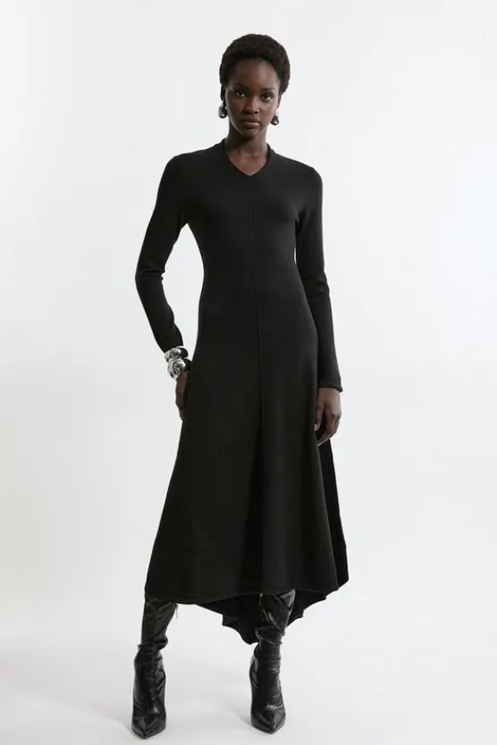 Karen Millen Wool Look High Low V Neck Maxi Knit Dress black Sale