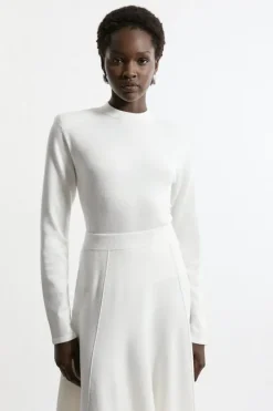 Karen Millen Wool Look Power Shoulder Long Sleeve Knit Top cream Fashion