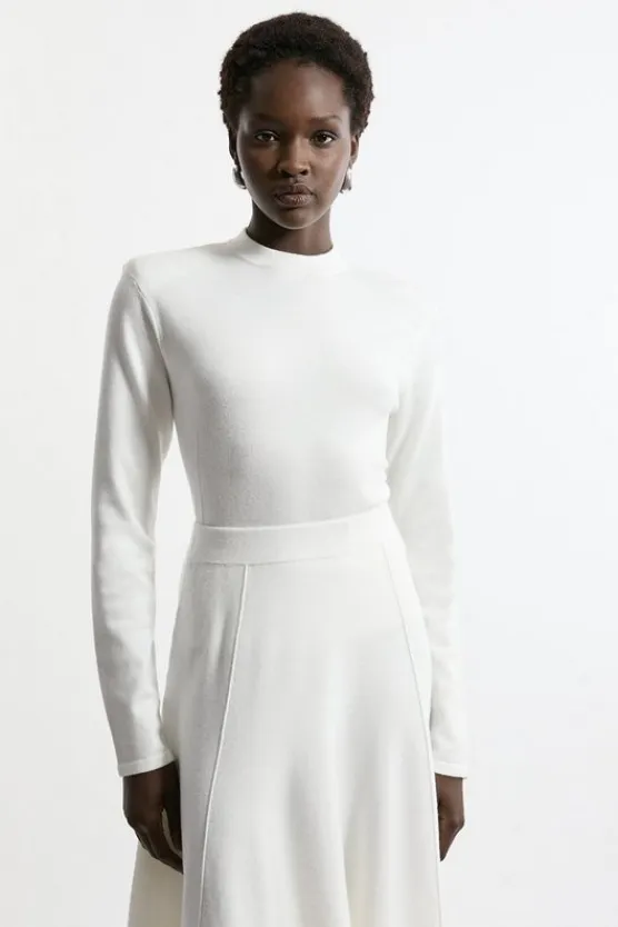 Karen Millen Wool Look Power Shoulder Long Sleeve Knit Top cream Fashion