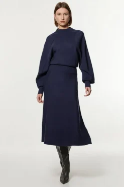 Karen Millen Wool Look Rounded Sleeve Knit Midaxi Dress navy Fashion