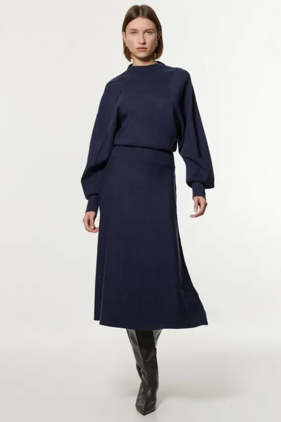 Karen Millen Wool Look Rounded Sleeve Knit Midaxi Dress navy Fashion