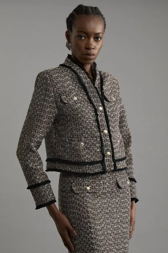 Karen Millen Wool Mix Boucle Tailored Cropped Collarless Jacket multi New