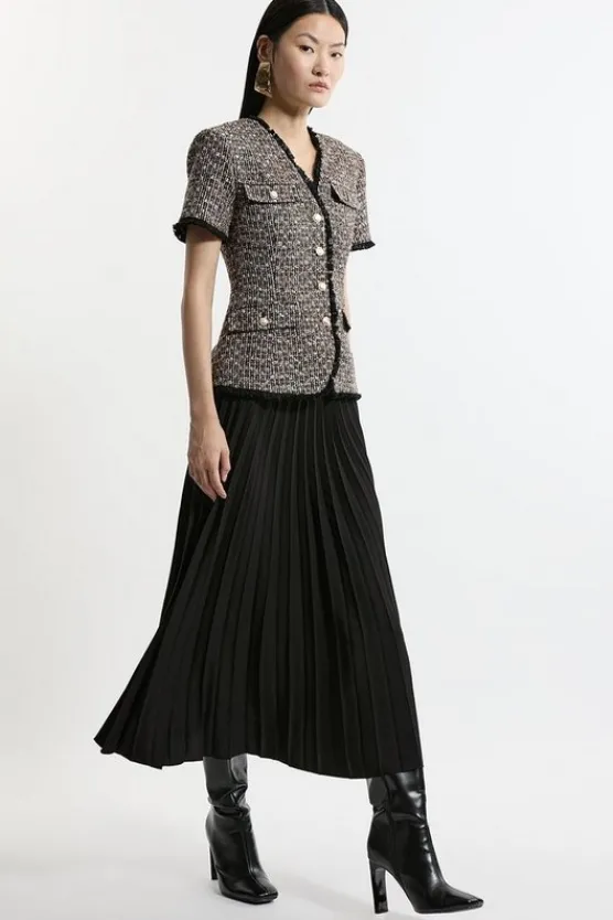 Karen Millen Wool Mix Boucle Tweed Tailored Pleated Maxi Dress multi Clearance