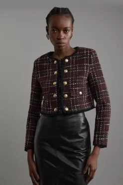 Karen Millen Wool Mix Check Boucle Tailored Cropped Jacket merlot Outlet